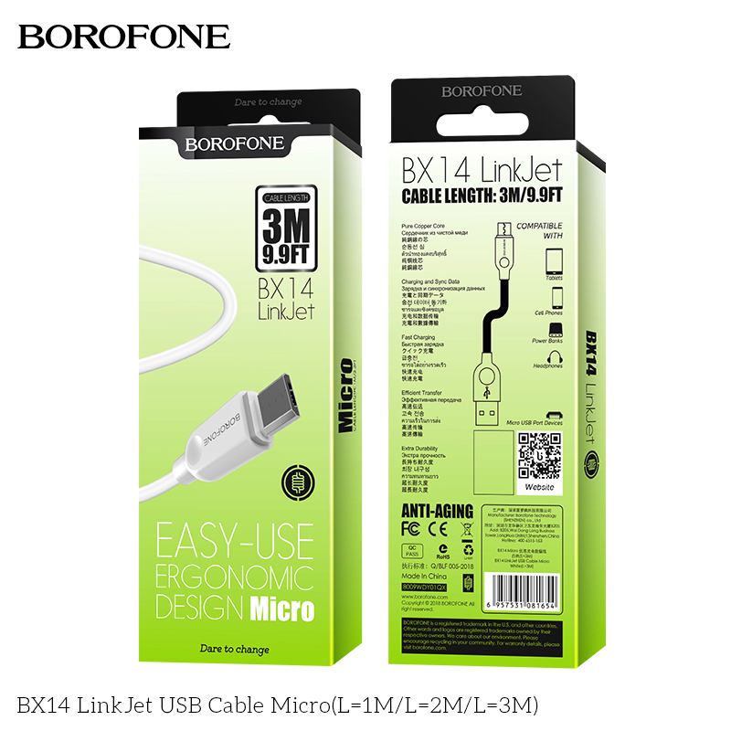 BOROFONE BX14 LinkJet USB-A to Micro-USB cable 2m NZ 9